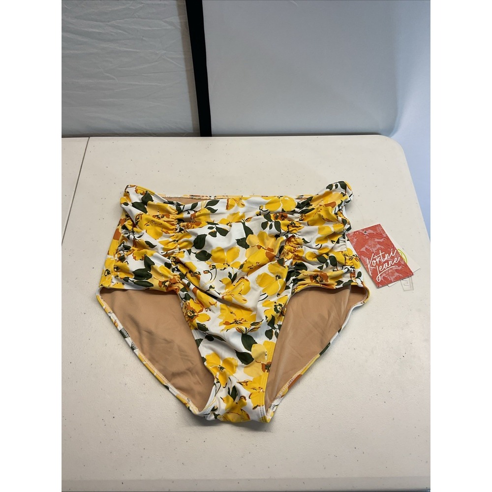New Kortni‎ Jeane High Waist Gathered Swim Bottom Size L yellow flowers beach